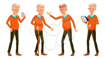 Old Man Poses Set Vector. Asian. Elderly People. Senior Person. Aged. Positive Pensioner. Advertising, Placard, Print Design Isolated Cartoon Illustration