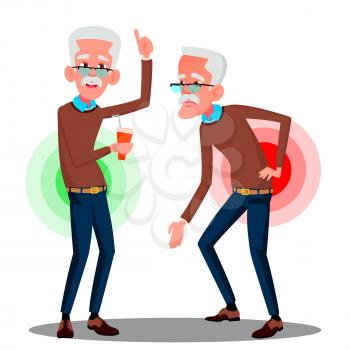Bent Over Old Man From Back Ache, Sciatica Vector. Isolated Illustration