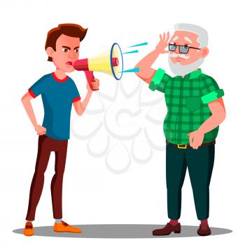Guy Screaming To Hearing Impaired Elderly Man Vector. Isolated Illustration