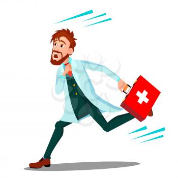 Ambulance, Running Doctor Man With First Aid Box Vector. Isolated Illustration