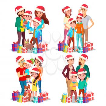 Christmas Family Portrait Set Vector. Parents, Children. In Santa Hats. Happy. New Year Gifts. Happy Family. December Eve. Cartoon Illustration
