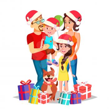 Christmas Family Portrait Vector. Dad, Mother, Kids. In Santa Hats. Winter Holidays. Cheerful. Greeting, Postcard Colorful Design Isolated Cartoon Illustration