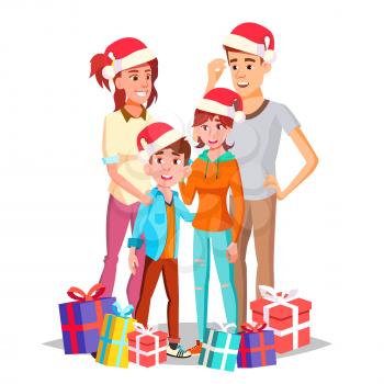 Christmas Family Portrait Vector. Parents, Children. Happy. New Year Gifts. Traditional Event. Poster, Advertising Template Isolated Cartoon Illustration