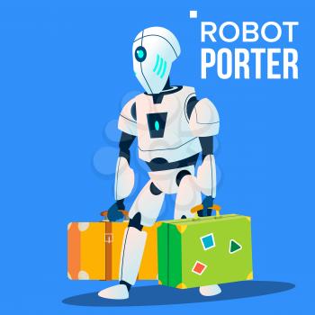 Robot Porter Carries A Lot Of Luggage Vector. Illustration