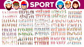 Athlete Set Vector. Man, Woman. Group Of Sports People In Uniform, Apparel. Character In Game Action. Flat Cartoon Illustration