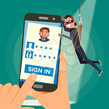 Hacker Stealing Personal Password Vector. Thief Character. Crack Personal Information. Fishing Attack To Smartphone. Web Viruses Concept. Flat Cartoon Illustration
