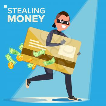 Thief Character Vector. Hacker Stealing Sensitive Data, Money From Credit Card. Hacking PIN Code. Breaking, Attacking. Cartoon Illustration