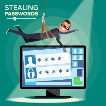 Hacker Stealing Password Vector. Thief Character. Crack Personal Information From Computer. Fishing Attack. Web Viruses Concept. Hacking Internet Social Network. Cartoon Illustration