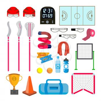 Lacrosse Icons Set Vector. Lacrosse Accessories. Gates, Net, Glasses, Mask, Stick, Helmet Box Timer Plotter Ball Isolated Flat Illustration
