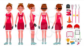 Lacrosse Girl Vector. Catch The Ball. Running. Teammates In Different Poses. Sport ompetitions. Cartoon Character Illustration