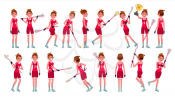 Female Lacrosse Player Vector. Profesional Sport. Holding Lacrosse Stick. Girl s Lacrosse Player. Isolated On White Cartoon Character Illustration