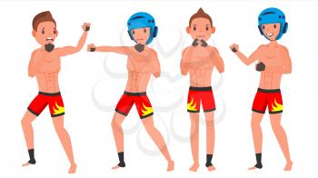MMA Male Player Vector. Poses Set. Muscular Sports Guy Workout. In Action. Cartoon Character Illustration