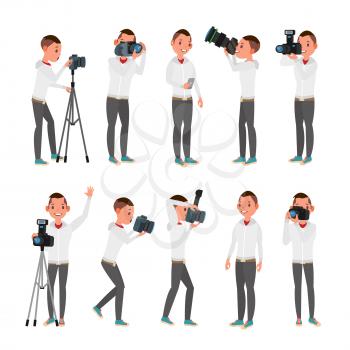Photographer Vector. Modern Camera. Posing. Full Length Taking Photos. Photojournalist Design. Flat Cartoon Illustration