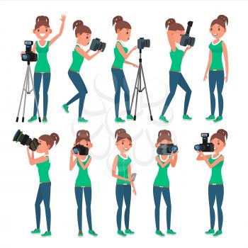 Photographer Female Vector. Modern Camera. Posing. Girl Full Length Taking Photos. Photojournalist, Tourist Design. Flat Cartoon Illustration