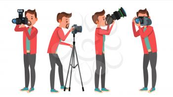 Photographer Vector. Photo Studio. Photographer Making Photos. Digital Camera And Professional Photo Equipment. Taking Pictures. Isolated On White Cartoon Character Illustration