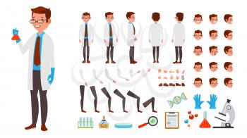 Scientist Man Vector. Animated Character Creation Set. Full Length, Front, Side, Back View, Accessories, Poses, Face Emotions Hairstyle Gestures Isolated Illustration