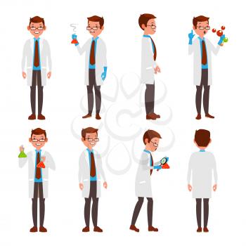 Classic Scientist Vector. Science Experiment. Research And Exploration. Biological Laboratory Worker. Flat Cartoon Illustration