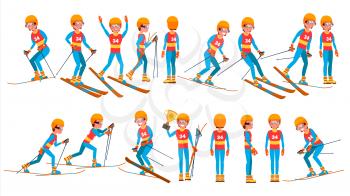 Skiing Young Man Player Vector. Man. Ski Resort. Skiing In The Mountains. Flat Athlete Cartoon Illustration