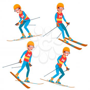Skiing Man Player Male Vector. Extreme Speed On Downhill. Cold Downhill. Cartoon Athlete Character Illustration