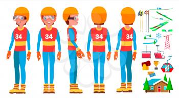 Skiing Male Player Vector. Slope Competition. Recreation Lifestyle. In Action. Cartoon Character Illustration
