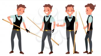 Snooker Male Player Vector. Playing In Different Poses. Man Athlete. Billiard. Championship Tournament. Tournament Event. Isolated On White Cartoon Character Illustration