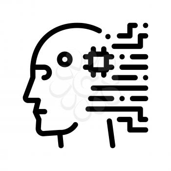 Cyborg Artificial Intelligence Vector Sign Icon Thin Line. Artificial Intelligence Details Character Robot Head And Microchip Linear Pictogram. Fingerprint, Microchip, Assembly Contour Illustration