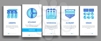 Water Treatment Onboarding Mobile App Page Screen Vector. Filter And Cleaning System Water Treatment Elements From Microbe Germs Linear Pictograms. Rain Cloud And Pump Station Illustrations