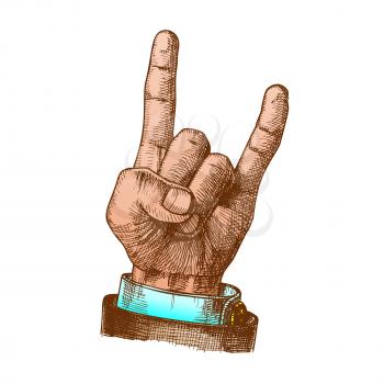 Male Hand Make Goat Gesture Two Fingers Up Vector. Businessman Showing Rock And Roll Gesture Rocker Sign Emotion And Expression. Man Wrist Gesturing Signal Color Illustration