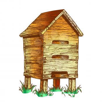 Wooden Beehive Apiary On Grass Apiculture Vector. Vintage Bee House Hive Beehive For Honey Healthy Food Products. Agriculture Farming Building For Flying Animal. Color Illustration