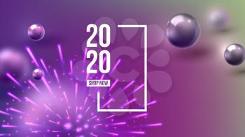 Christmas Invitation Card Celebrating 2020 Vector. Purple Glossy Glob And Number 2020 Two Thousand Twenty Decorated Fireworks On New Year Greeting-card Annonce. Horizontal Poster 3d Illustration