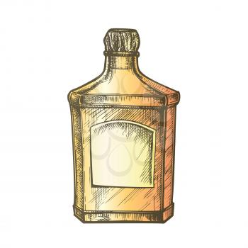 Square Classic Tequila Bottle With Cork Cap Vector. Vintage Glass Bottle With Blank Label For Classical Mexican Alcohol Drink. Drawn Container Agave Strong Beverage Color Illustration