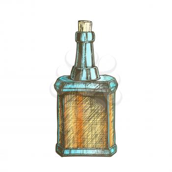 Design Blank Vintage Whisky Bottle Cork Cap Vector. Ink Drawn Sketch Retro Bottle Of Grain Alcoholic Liquid. Concept Color Glass Container Template Illustration