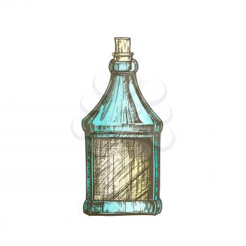 Drawn Blank Bottle Of Scotch With Cork Cap Vector. Ink Design Sketch Modern Embossed Bottle Of Traditional Grain Alcoholic Drink. Mockup Color Glass Package Illustration