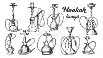 Collection of Different Hookah Set Ink Vector. Arabian Traditional Smoking Culture Hookah Lounge. Oriental Smoke Relaxation Aroma Tobacco Equipment Monochrome Hand Drawn Illustrations