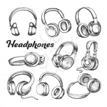 Collection Different Sides Headphones Set Vector. Modern Portable Electronic Device Headphones For Listening Radio Music. Stereo Dynamics Earphone Accessory Hand Drawn In Retro Style Illustrations