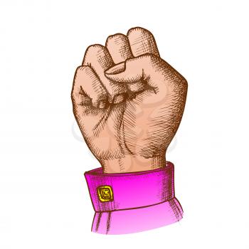 Woman Hand Clenched Finger In Fist Gesture Vector. Female Arm Gesture Showing Sign Power Or Disagree. Girl Wrist Gesturing Signal Color Designed In Vintage Style Closeup Illustration