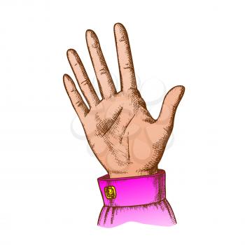 Female Hand Make Gesture Five Fingers Up Vector. Woman Demonstrate Gesture Sign Amount. Girl Open Palm Gesturing Counting Number Signal Color Hand Drawn In Retro Style Closeup Illustration