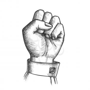 Woman Hand Clenched Finger In Fist Gesture Vector. Female Arm Gesture Showing Sign Power Or Disagree. Girl Wrist Gesturing Signal Monochrome Designed In Vintage Style Closeup Illustration