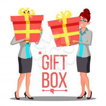 Business Woman Holding Red Gift Box Vetor. Holidays Present Concept. Illustration