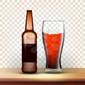 Realistic Bottle And Glass Of Dark Beer Vector. Closed Bottle And Full Goblet Of Foamy Cold Barley Drink. Mockup Blank Sticker. Image Isolated On Transparency Grid Background. 3d Illustration