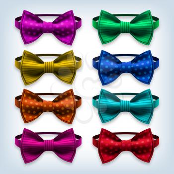 Bow Tie Set Vector. Hipster, Gentleman. Realistic Knot Silk Bow. Elegance Formal Suit Bowtie. Fashion Cloth, Classic Satin Butterfly. Clothing Illustration