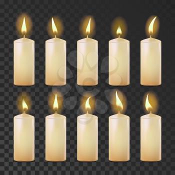 Candles Set Vector. White, Yellow. Religion, Church Prayer Transparent Background Realistic Illustration