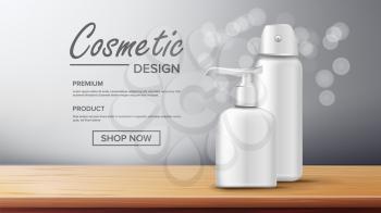 Cosmetic Bottle Banner Vector. Elegant Woman. Female Hygiene. Exhibition Brochure. Jar Blank. Glossy, Bright. Clean, Glowing 3D Mockup Realistic Illustration
