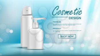 Cosmetic Bottle Poster Vector. Sale Flyer. Empty Plastic. White Package. 3D Mockup Realistic Illustration