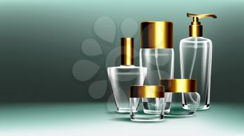 Cosmetic Glass Banner Vector. Bottle. Premium Jar. Perfume, Essence. 3D Transparent Realistic Mockup Template Illustration