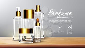 Cosmetic Glass Packaging Vector. Spa, Makeup. Soft Spray. Perfume, Essence. Facial Lotion. Bottle. Jar Isolated Transparent Realistic Mockup Template Illustration