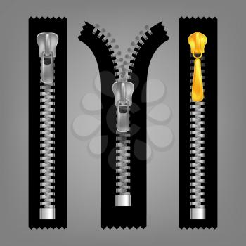 Different Open And Closed Zippers Set Vector. Different Gold And Silver Metallic Fasteners And Zippers. Garment Components And Handbag Accessories. Grey Background Isolated 3d Illustration