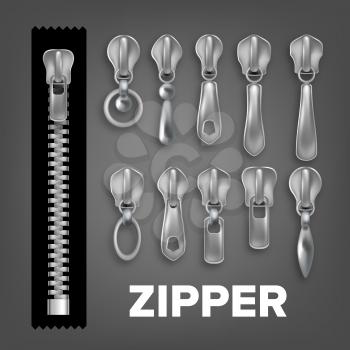 Realistic Metallic And Plastic Fastener Set Vector. Zipper, Fabric Pull And Fastener On Black Background. Garment Components For Bags And Bungee Cord Accessory. Isolated 3d Illustration