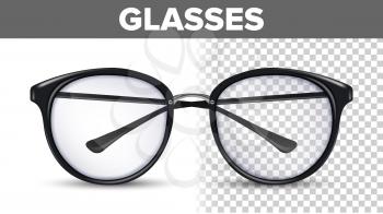 Woman Female Glasses Vector. Black Classic Eyewear Glasses. Vision Optical Lens. Transparent 3D Illustration
