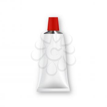 Glossy Metal Tube With Ribbed Cap For Glue Vector. Realistic Tube With Closed Red Lid For Sealant, Epoxy, Medicine And Cosmetic Products On White Background. Isolated 3d Illustration